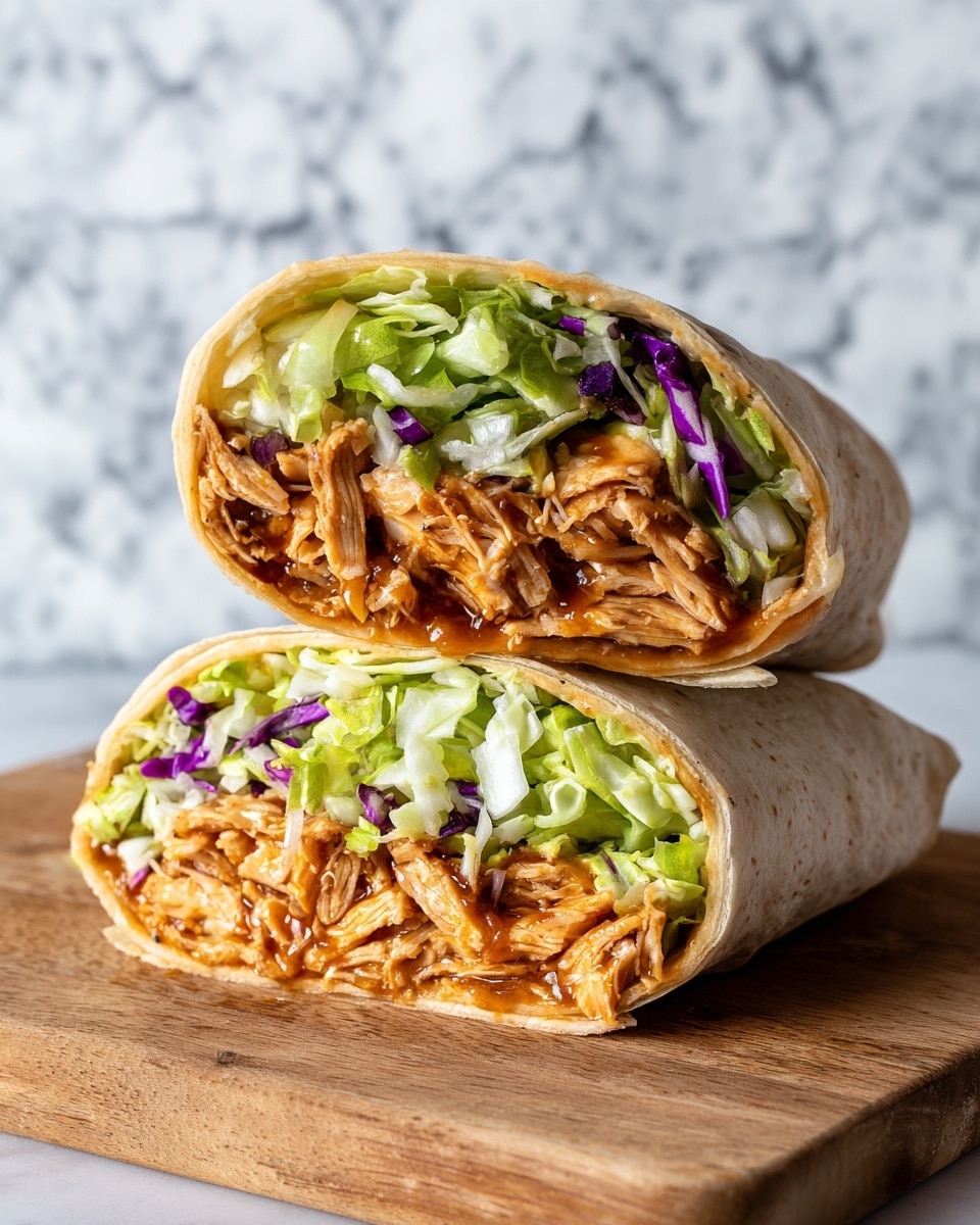 The image shows two wraps cut in half and stacked on a wooden board, each wrap with three clear layers: a soft, light brown tortilla on the outside, a middle layer of orange-brown shredded chicken covered in glossy brown sauce, and a top layer of fresh cabbage mix including bright green shredded lettuce and vibrant purple cabbage. The wraps are filled generously, and the textures range from soft tortilla to tender chicken and crisp cabbage. The background has a white marbled texture. Photo taken with an iphone --ar 4:5 --v 7
