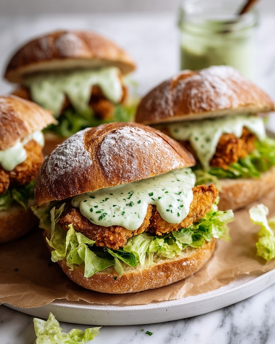 The image shows three sandwiches on a round white plate with brown parchment paper underneath. Each sandwich has a golden-brown crusty bun dusted with white flour on top. Inside, there is a layer of bright green leafy lettuce at the bottom, topped with a crispy, breaded, golden-brown fried chicken fillet. On top of the chicken is a generous drizzle of creamy, pale green herb sauce with visible green flecks. The plate sits on a white marbled surface, and in the background there is a small glass jar with more sauce and a few scattered pieces of lettuce. Photo taken with an iphone --ar 4:5 --v 7