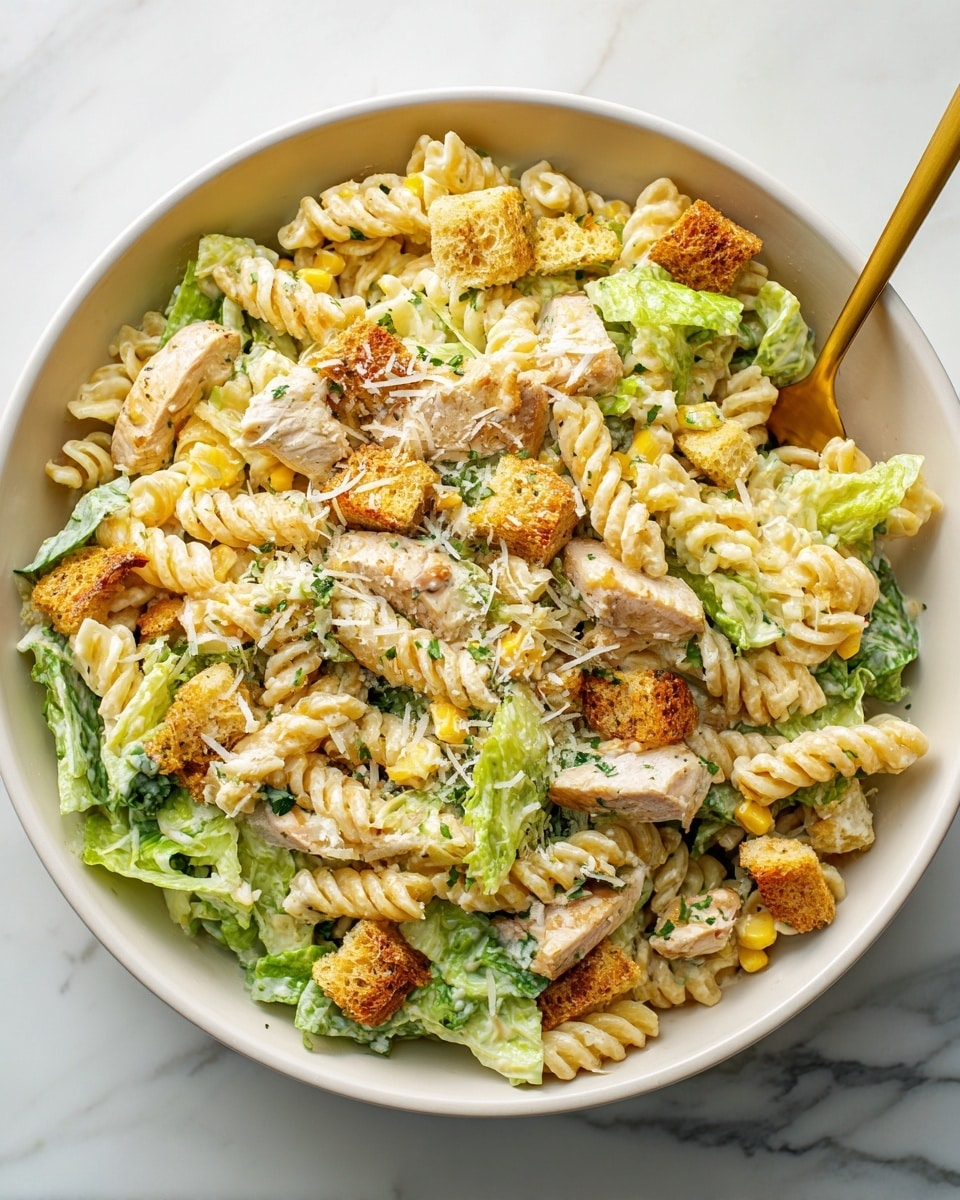 A white bowl filled with a layered pasta salad. The bottom layer is green leafy lettuce, slightly crisp and fresh. On top of that are pale yellow spiral rotini pasta coated lightly with creamy dressing. Scattered throughout are small, bright yellow corn kernels and golden brown croutons. Pieces of light beige grilled chicken chunks are spread evenly over the salad. The whole dish is sprinkled with grated cheese and finely chopped green herbs, adding texture and a bit of color. A gold fork rests inside the bowl on a white marbled surface. photo taken with an iphone --ar 4:5 --v 7