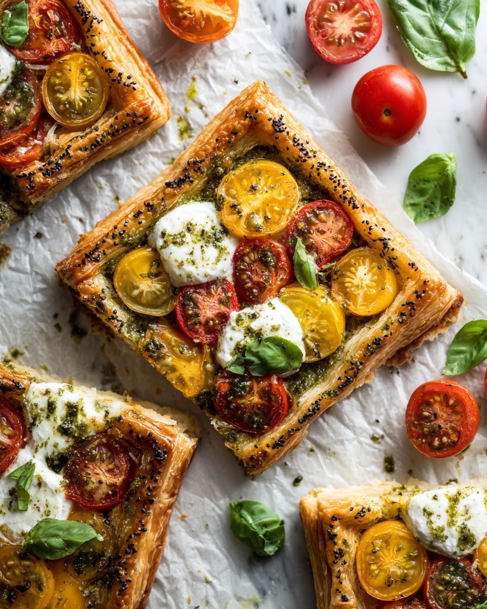 The image shows several square pieces of tomato tart on crumpled white parchment paper over a white marbled surface. Each tart has a golden, flaky puff pastry crust with a slightly raised edge sprinkled with black and white seeds. Inside the crust is a spread of green pesto sauce. On top, there are layers of halved red and yellow cherry tomatoes, soft white dollops of ricotta cheese, extra pesto drizzled over the cheese, and fresh green basil leaves scattered across. Around the tarts, whole and halved tomatoes and a few basil leaves are placed on the white marbled background. photo taken with an iphone --ar 4:5 --v 7