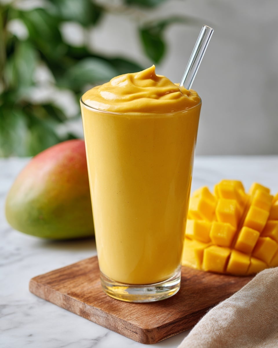 The image shows a single tall clear glass filled with a smooth, thick mango smoothie that has a vibrant bright yellow color. The smoothie is blended to a creamy texture with a swirl on top, slightly mounded above the rim of the glass. A clear glass straw is inserted on the right side of the glass into the smoothie. In the background, there is a whole mango with green and orange-yellow skin and a sliced mango showing its bright yellow diced flesh. The setting is on a wooden board, with a soft green leafy plant blurred in the back and a piece of beige cloth on the right side, all placed on a white marbled surface. photo taken with an iphone --ar 4:5 --v 7