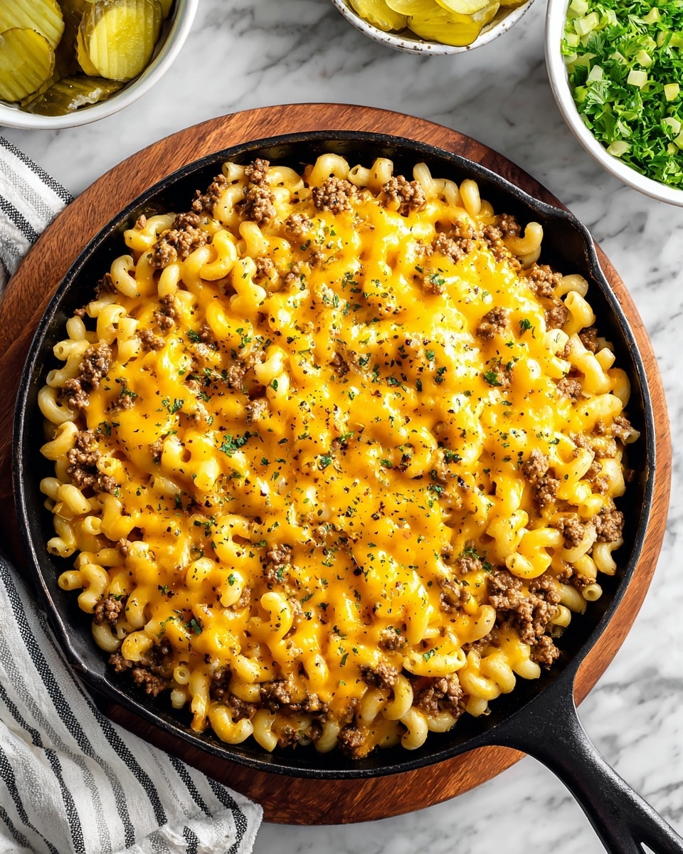 A close-up view of a cast iron pan filled with baked macaroni and cheese mixed with ground beef, showing two main layers: the bottom layer is pale yellow macaroni pasta, the middle layer consists of small chunks of browned beef, and the top layer is melted, bright orange cheddar cheese sprinkled with green herbs and black pepper. The pan rests on a wooden board with a white cloth with blue stripes nearby, and in the blurred background, there are bowls of green peas and white plate with pickles on a white marbled surface. photo taken with an iphone --ar 4:5 --v 7