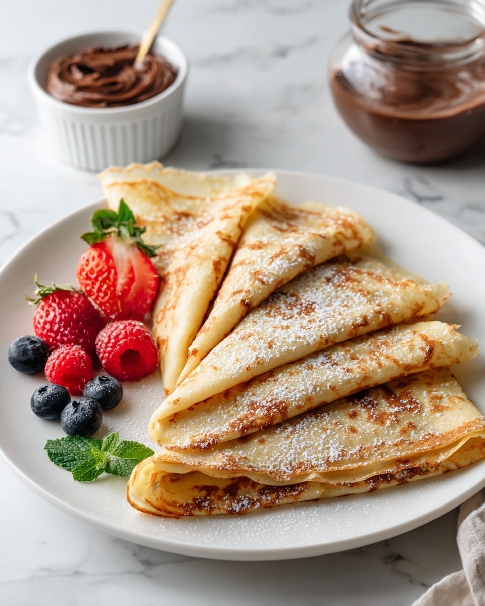 A white plate holds three thin, golden-brown crepes folded into triangles and layered slightly overlapping, each crepe showing a light and airy texture with a speckled pattern of browned spots. On one side of the plate, there is a small cluster of fresh berries, including two halved strawberries with bright red flesh and green leaves, plump red raspberries, and dark blue blueberries. The crepes are lightly dusted with powdered sugar, adding a delicate white layer over the top. In the background, there is a white ramekin filled with smooth chocolate spread and a glass jug of amber maple syrup, all set on a white marbled surface. Photo taken with an iphone --ar 4:5 --v 7