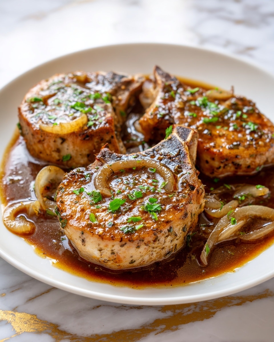 Three large cooked pork chops are placed on a white plate, each chop covered with a glossy brown sauce. The sauce pools around the base of the chops and contains translucent cooked onion rings scattered on and around the meat. Small bits of green herbs and pieces of garlic are sprinkled on top, adding texture and contrast. The plate rests on a white marbled surface with golden veins showing in the background. photo taken with an iphone --ar 4:5 --v 7