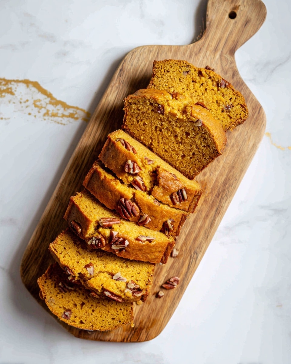 The image shows six slices of golden brown pumpkin bread with visible pieces of pecans scattered throughout, arranged neatly in a slightly overlapping row on a wooden cutting board with a handle. The bread slices display a soft and moist texture with a slightly darker, crisp crust on top. The cutting board rests on a white marbled surface that has faint gray veins and a streak of gold running through it. Photo taken with an iphone --ar 4:5 --v 7