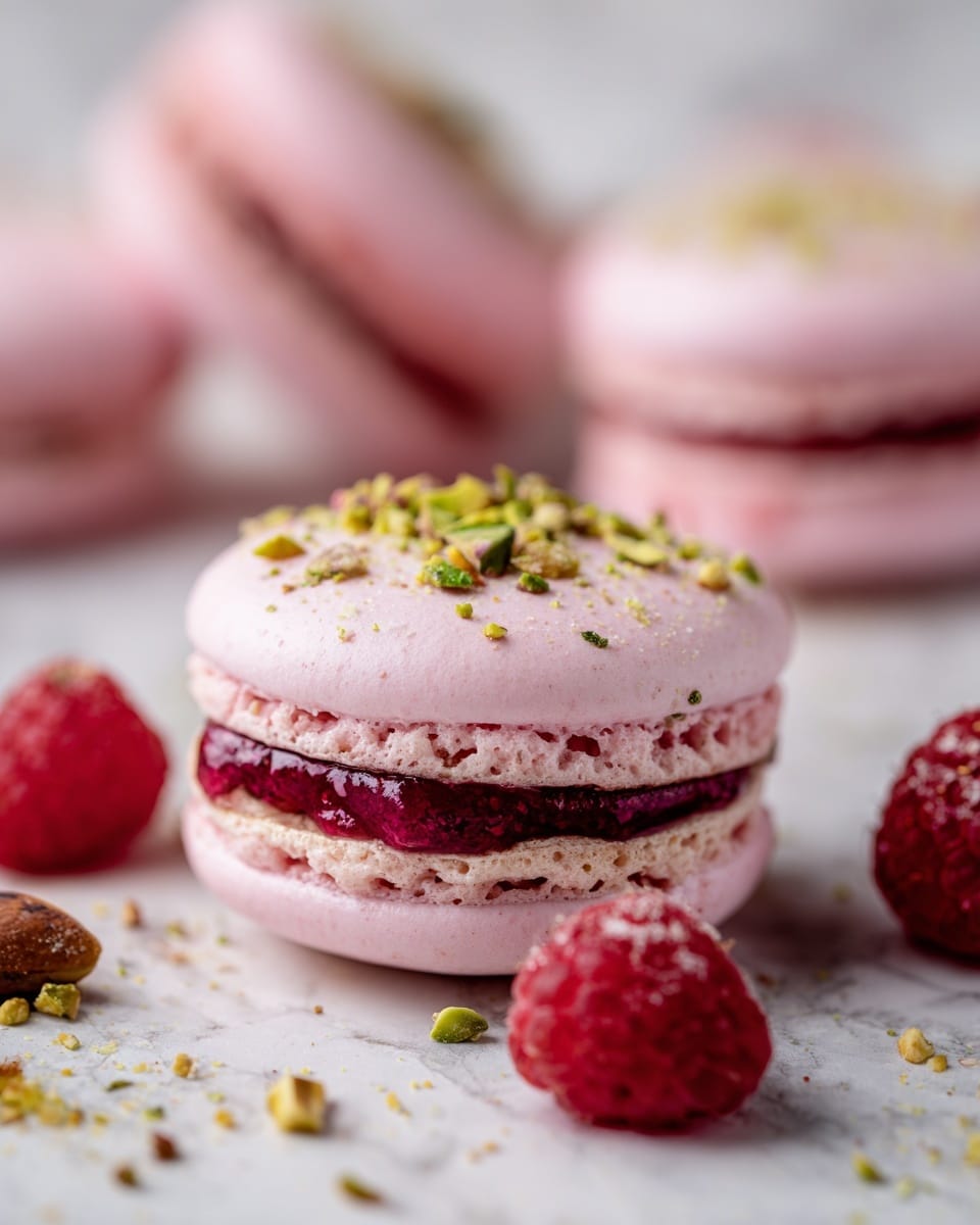 A close-up view of a pink macaron with a smooth, shiny top sprinkled with small pieces of green pistachio nuts. The macaron has two light pink, slightly rough-textured shells with a dark red, thick, and glossy filling layer in the middle. Around the macaron, there are scattered chunks of pistachio nuts and bright red raspberries resting on a white marbled surface. In the blurred background, four more similar macarons are visible, creating a soft and inviting look. photo taken with an iphone --ar 4:5 --v 7