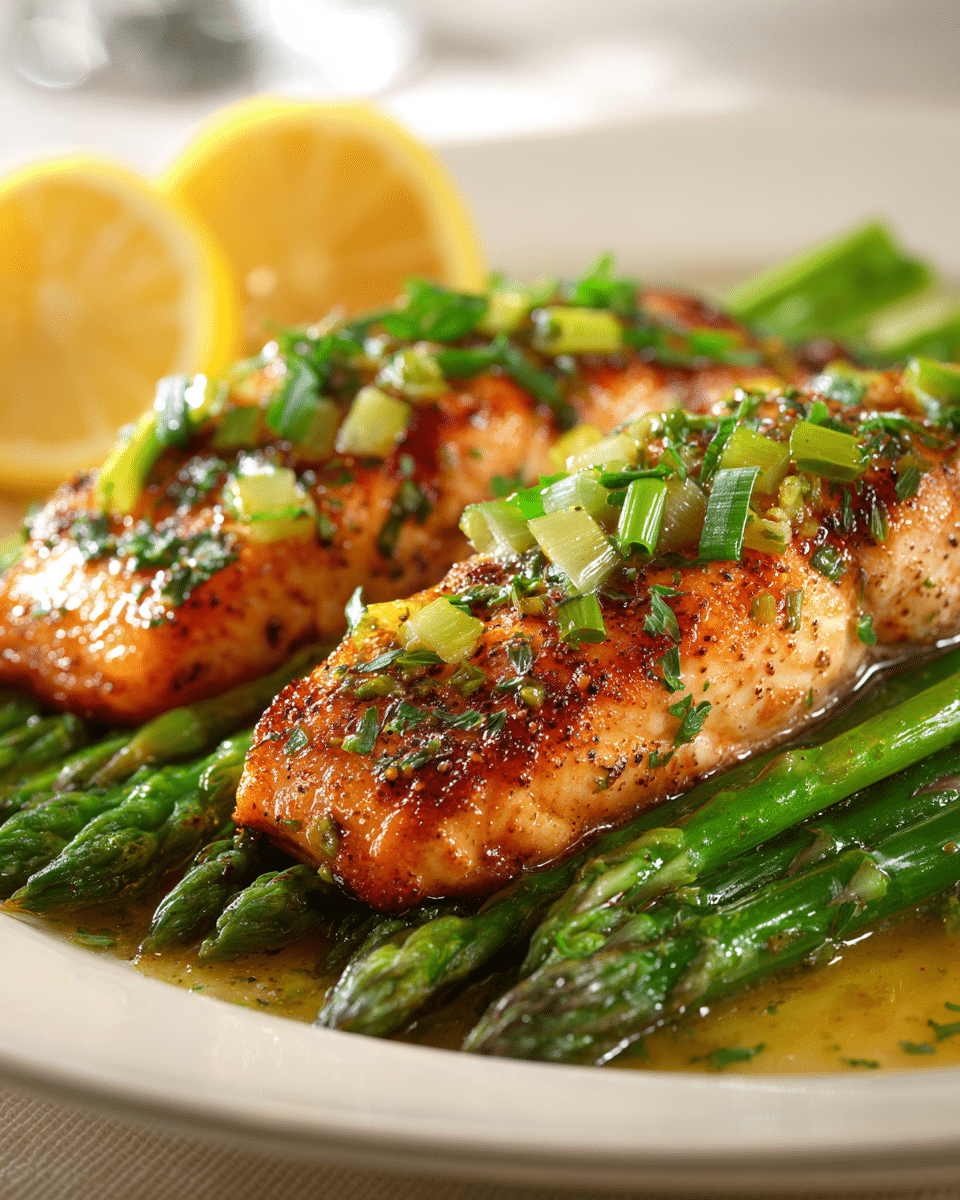 The image shows two pieces of golden brown cooked fish fillets with a slightly crispy texture, topped with small pieces of chopped green herbs and green onion. The fish rests on a bed of fresh green asparagus stalks that look tender and shiny. In the background, there are halved lemon slices adding a bright yellow color and fresh look. The entire dish appears juicy and well seasoned with small black pepper flakes visible on the fish. The photo taken with an iphone --ar 4:5 --v 7