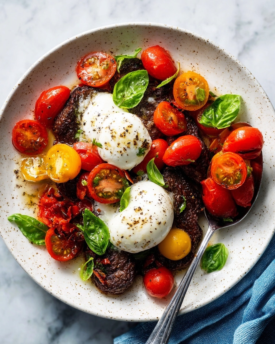 On a white plate with a speckled pattern, there are two dark brown grilled pieces of meat at the bottom, topped with three white, round balls of soft mozzarella cheese sprinkled with black pepper. Surrounding and over the cheese and meat are bright red and yellow cherry tomatoes, some whole and some cut in halves, with a glossy fresh look. Fresh green basil leaves are scattered on the dish, adding a pop of green color. A shiny metal spoon on the right side holds some tomatoes. The plate sits on a white marbled textured surface with a blue cloth visible at the bottom right corner. photo taken with an iphone --ar 4:5 --v 7