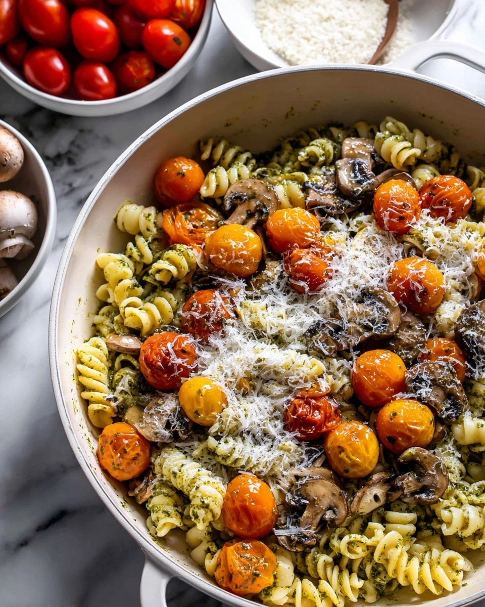 A close-up view of a large white pan filled with pasta that has three main layers: the bottom layer is light yellow twisted pasta coated evenly with green pesto sauce, the middle layer consists of round orange cherry tomatoes both whole and sliced, and the top layer is sprinkled with finely grated white cheese. Scattered among the pasta and tomatoes are small pieces of sautéed brown mushrooms. In the background, there is a white marbled surface with a white bowl of red tomatoes on the left and a bowl with a white powdery ingredient near the top edge. photo taken with an iphone --ar 4:5 --v 7