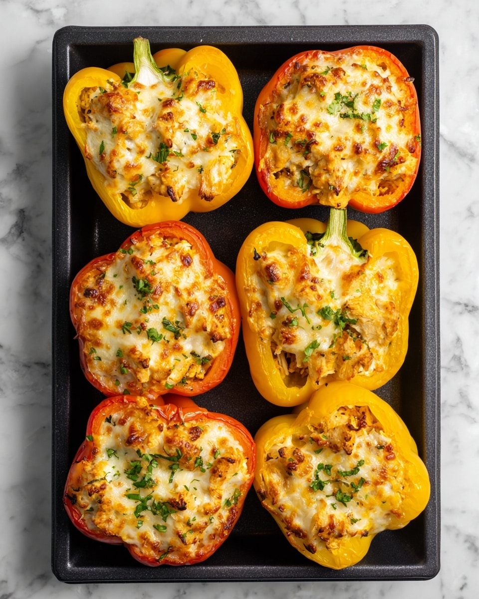 The image shows a black baking tray filled with eight stuffed bell pepper halves placed side by side. There are six yellow and two red bell pepper halves, each cut in half lengthwise, forming a bowl-like shape with the stem attached at one end. Inside each pepper half is a filling made of small golden-brown cooked chicken pieces mixed with melted light brown cheese, browned on top with some slightly crispy edges. Small green herb bits are sprinkled over the filling, adding a touch of freshness. The baking tray sits on a white marbled surface. photo taken with an iphone --ar 4:5 --v 7