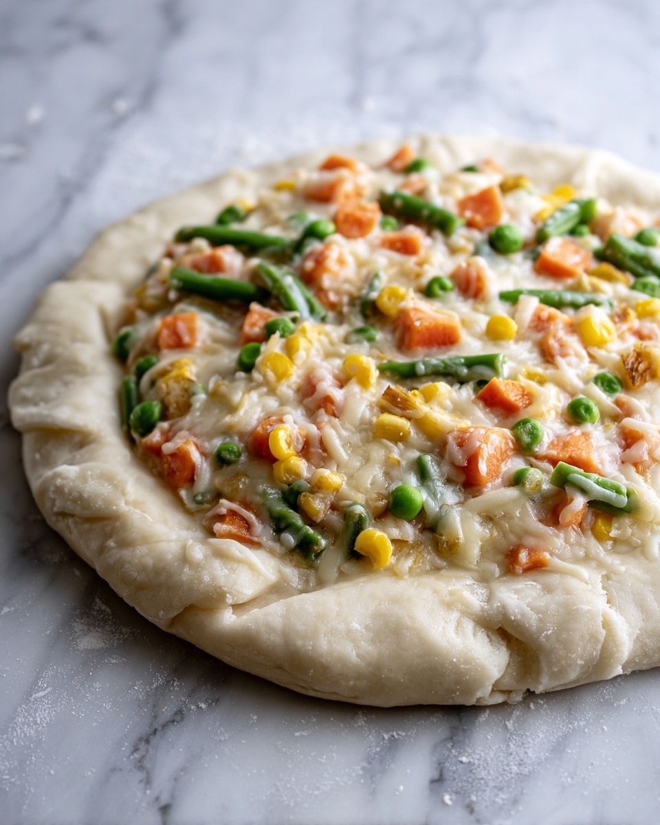 The image shows a close-up of a small bread cup with a golden-brown crust that looks soft and slightly puffy. Inside the cup, there is a creamy white sauce mixed with bright yellow corn kernels, green peas, green beans, and orange carrot pieces, giving it a colorful and fresh appearance. The bread cup is placed on a dark flat surface, with other similar bread cups blurred in the background. photo taken with an iphone --ar 4:5 --v 7