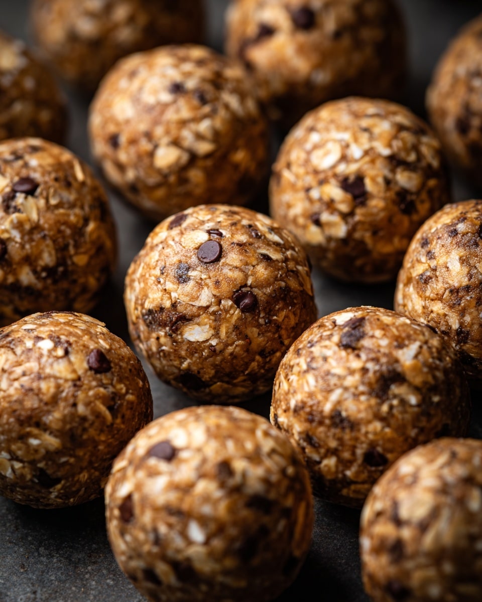 Close-up of many round oatmeal energy balls with visible oat flakes and small dark chocolate chips mixed evenly throughout. Each ball has a rough texture from the oat flakes and is light brown with darker spots from the chocolate. The balls are arranged closely together on a flat surface with a dark base. photo taken with an iphone --ar 4:5 --v 7