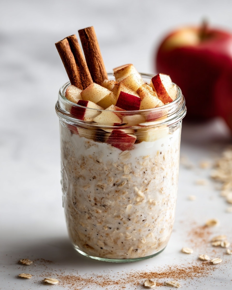 A clear glass jar filled with two main layers: the bottom layer is a thick, beige oatmeal mixture with visible oats and tiny dark specks, filling about 90% of the jar; the top layer consists of small, fresh apple chunks with red skin and white flesh, sprinkled lightly with cinnamon powder, covering the oatmeal entirely; two whole cinnamon sticks stand upright in the center among the apple pieces. The jar is placed on a white marbled surface with an out-of-focus red apple and some scattered oats in the background. photo taken with an iphone --ar 4:5 --v 7