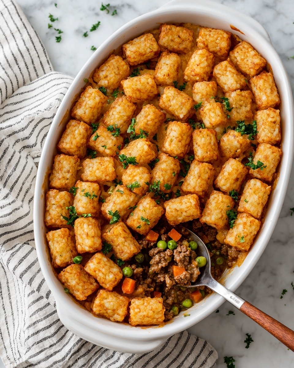 A white oval dish is filled with a neat top layer of small, golden-brown crispy tater tots arranged in close rows. Beneath this top layer is a moist mixture of browned ground meat, bright green peas, orange bits of carrot, and chopped herbs, visible where a spoon lifts out a portion. Fresh green parsley leaves are scattered on top of the tater tots, adding a pop of color. The dish sits on a white marbled surface with a striped cloth napkin nearby, and a spoon with a wooden handle is partially in the dish. photo taken with an iphone --ar 4:5 --v 7