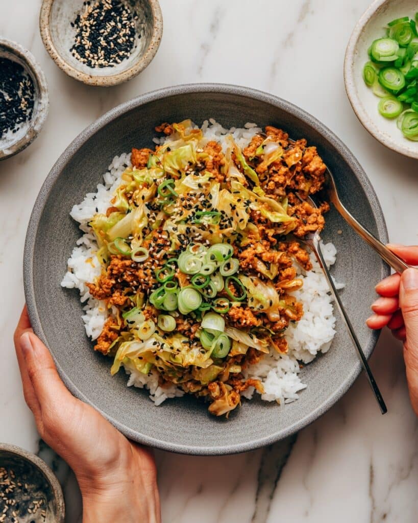 Shaved Brussels Sprouts and Ground Turkey Skillet with Soy-Ginger Sauce Recipe