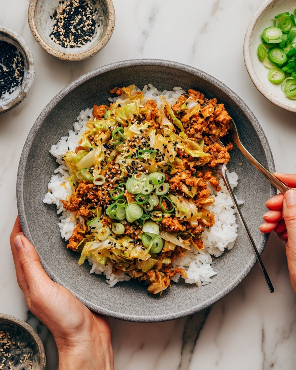A gray bowl holds a two-layered dish with a base layer of white fluffy rice, topped with a mix of cooked ground meat and shredded green cabbage seasoned with spices. The meat and cabbage mixture is golden brown with green highlights and is garnished with thin slices of green onions and a sprinkle of black and white sesame seeds. A woman's hand holds the bowl on one side while another woman's hand scoops the food with a fork from the right side. In the background, there are small white bowls with black and white sesame seeds and sliced green onions on a white marbled surface. photo taken with an iphone --ar 4:5 --v 7