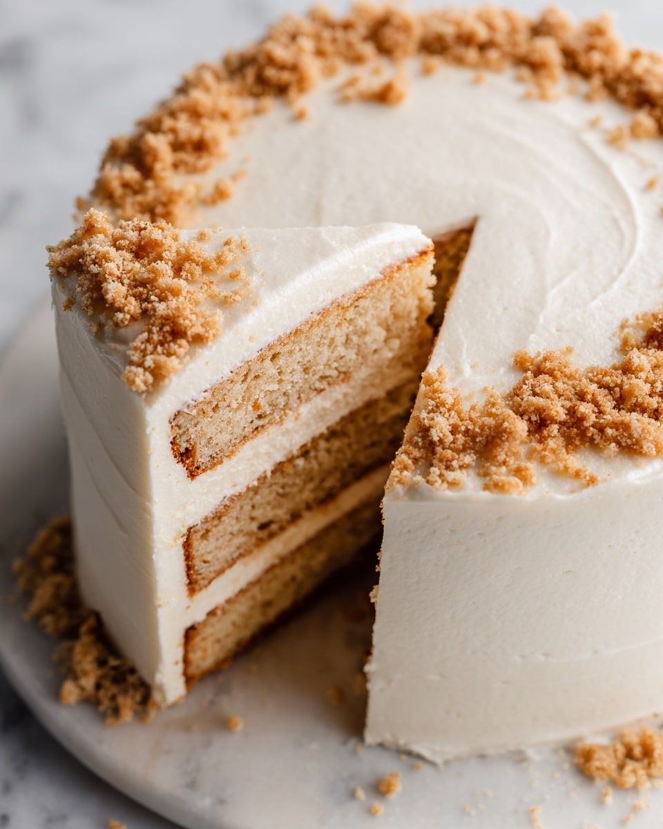 The image shows a close-up of a sliced cake with three visible layers; the base layer is dense and light brown, the middle layer is thick and creamy white, and the top layer is smooth white frosting covered with small golden brown crumb pieces scattered unevenly, especially around the edges. The cake sits on a white marbled surface. The texture of the frosting is smooth and slightly shiny, contrasting with the rough crumb topping, giving a fresh and inviting look. Photo taken with an iphone --ar 4:5 --v 7