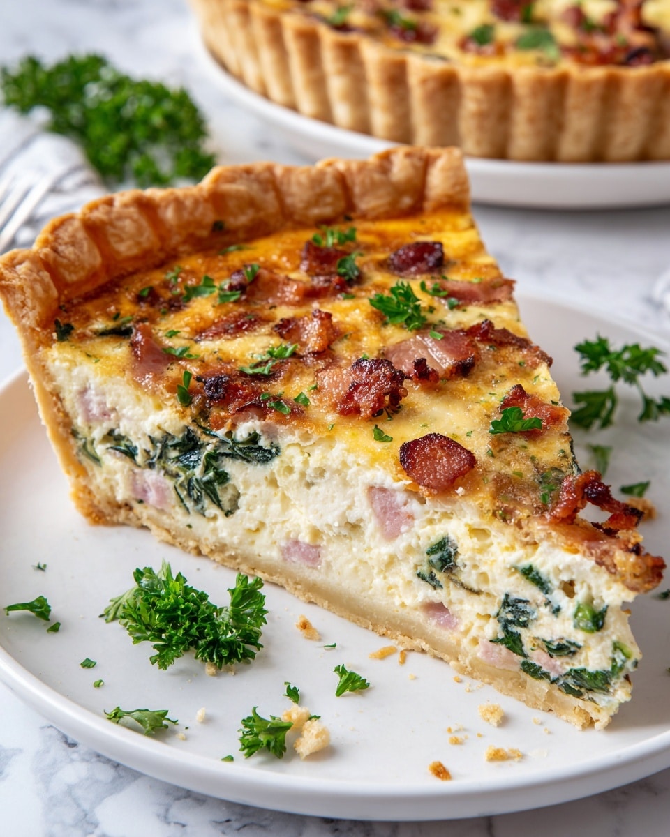 The image shows a close-up of a slice of quiche on a white plate, placed on a white marbled texture surface. The quiche has three main visible layers: a light golden brown crust on the bottom and edge, a creamy, pale yellow filling in the middle with small bits of pink ham and green spinach, and a top layer of golden melted cheese with browned spots and small pieces of crispy bacon. Fresh green parsley leaves are sprinkled on top and a few are on the plate near the quiche slice. The crust edge is fluted and the slice is cut cleanly, revealing the soft filling inside. Photo taken with an iphone --ar 4:5 --v 7
