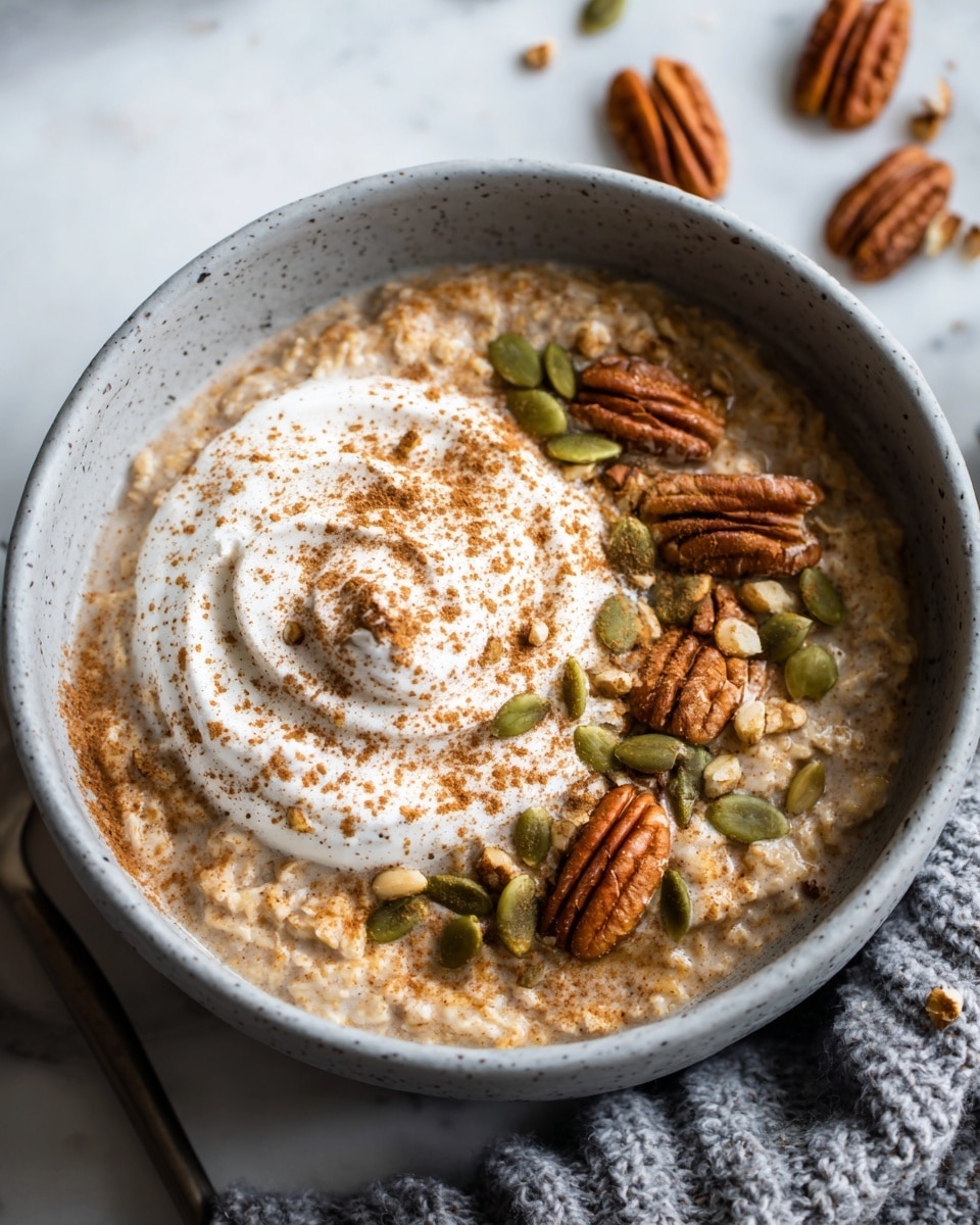 A close-up of a creamy oatmeal bowl with a thick layer of light brown oatmeal filling the bowl. On top, a swirl of white whipped cream dusted with brown cinnamon powder stands in the center. Scattered around the oatmeal surface are whole pecans and green pumpkin seeds. The oatmeal bowl is speckled grey with a matte texture, placed on a white marbled surface with a grey knit cloth partially visible on the right side. A few pecans and pumpkin seeds are scattered casually around the bowl. Photo taken with an iphone --ar 4:5 --v 7