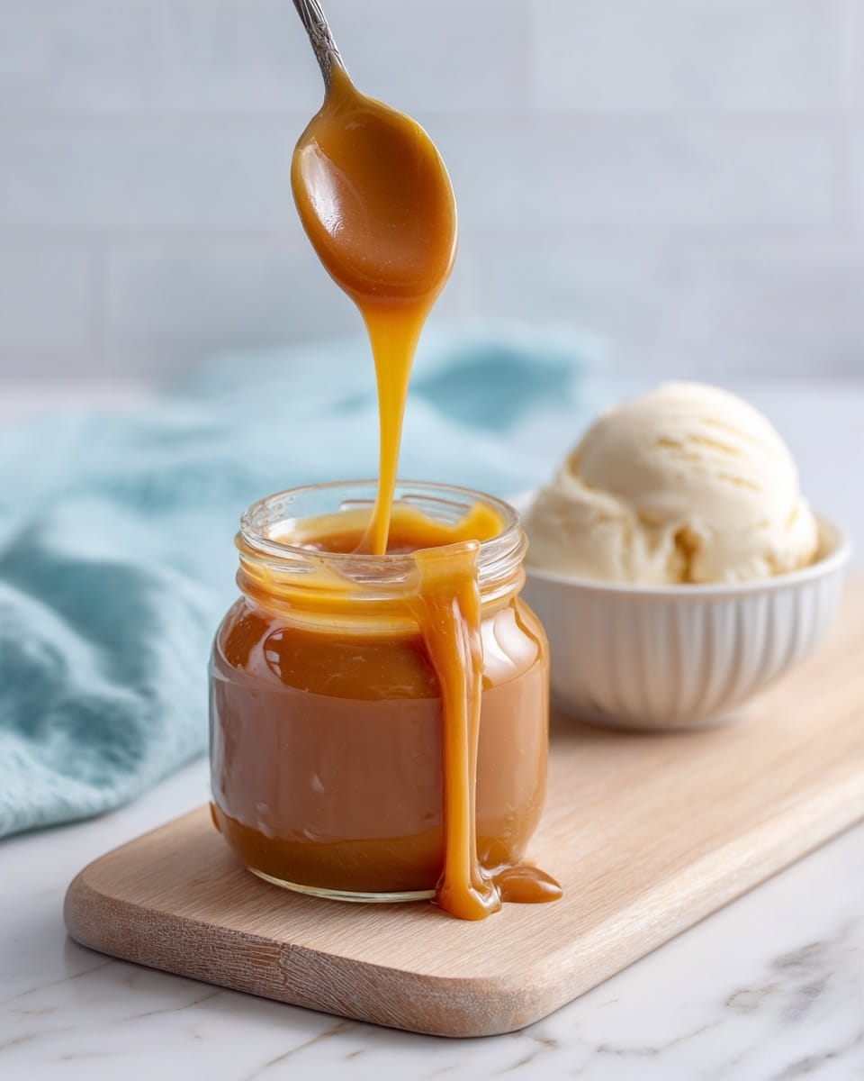 A clear glass jar filled with thick, smooth caramel sauce that is a rich golden brown color. A spoon held by a woman's hand is lifting some caramel out of the jar, with a slow drip falling back into the jar. The jar is placed on a light wooden board, and in the background, a white bowl contains a scoop of creamy white ice cream. The surface beneath everything has a white marbled texture, and a light blue cloth is softly draped in the background. Photo taken with an iphone --ar 4:5 --v 7