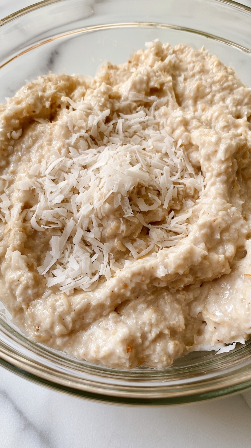The image shows a close-up of a clear glass bowl filled with coconut cream pie overnight oats. The oats create a creamy, light beige base layer that fills most of the bowl. On top, there is a layer of white coconut flakes scattered unevenly, adding texture. A woman's hand is holding a white spoon, dipping it slightly into the oats, creating small movement on the surface. The bowl is placed on a white marbled surface. The lighting is soft, highlighting the creamy texture and coconut flakes clearly. Photo taken with an iphone --ar 4:5 --v 7