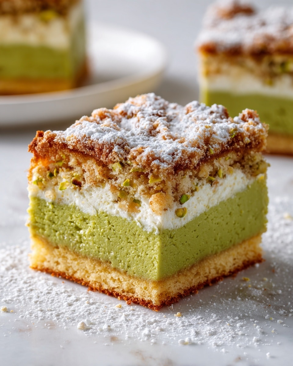 The image shows a slice of pistachio coffee cake that has three visible layers. The bottom layer is a dense, slightly golden cake base with a soft texture. Above it is a greenish pistachio filling with a smooth but thick consistency, speckled with small nut pieces. The top layer is a crumbly, light beige streusel with a slightly rough texture, covering the entire cake slice. The slice sits on a white plate placed on a white marbled surface. A woman's hand holds a fork near the plate, ready to take a bite. photo taken with an iphone --ar 4:5 --v 7