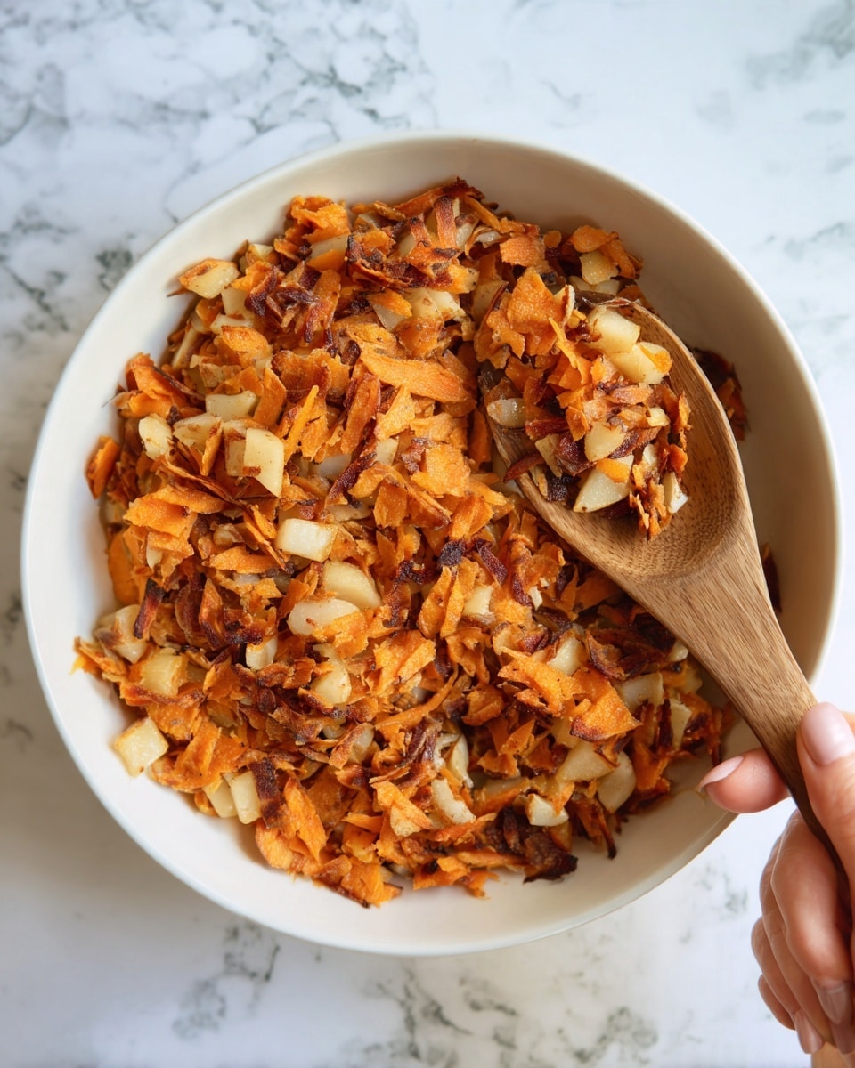 The image shows a close-up of a wooden spoon scooping golden-brown sweet potato apple hash browns. The hash browns have small, soft cubes of orange sweet potato mixed with lighter, tender apple pieces, all cooked to a slightly crispy texture that glistens with oil. The background is a white marbled surface, and the focus is on the colorful mix of warm orange and pale yellow chunks. The text overlay says 