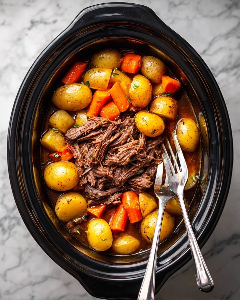 The image shows a close-up of a slow cooker filled with a cooked beef pot roast and vegetables. The bottom layer has whole baby potatoes in light brown and yellow tones scattered around the cooker, mixed with several large, bright orange carrot pieces. Above the potatoes and carrots are shiny cooked onion chunks in translucent brown shades. The top layer is made up of tender shredded beef roast in dark brown, textured with stringy meat fibers. Two metal forks are partially inserted into the beef on the right side, indicating that the meat is being shredded. The slow cooker’s inside is black, and the scene is on a white marbled surface. photo taken with an iphone --ar 4:5 --v 7