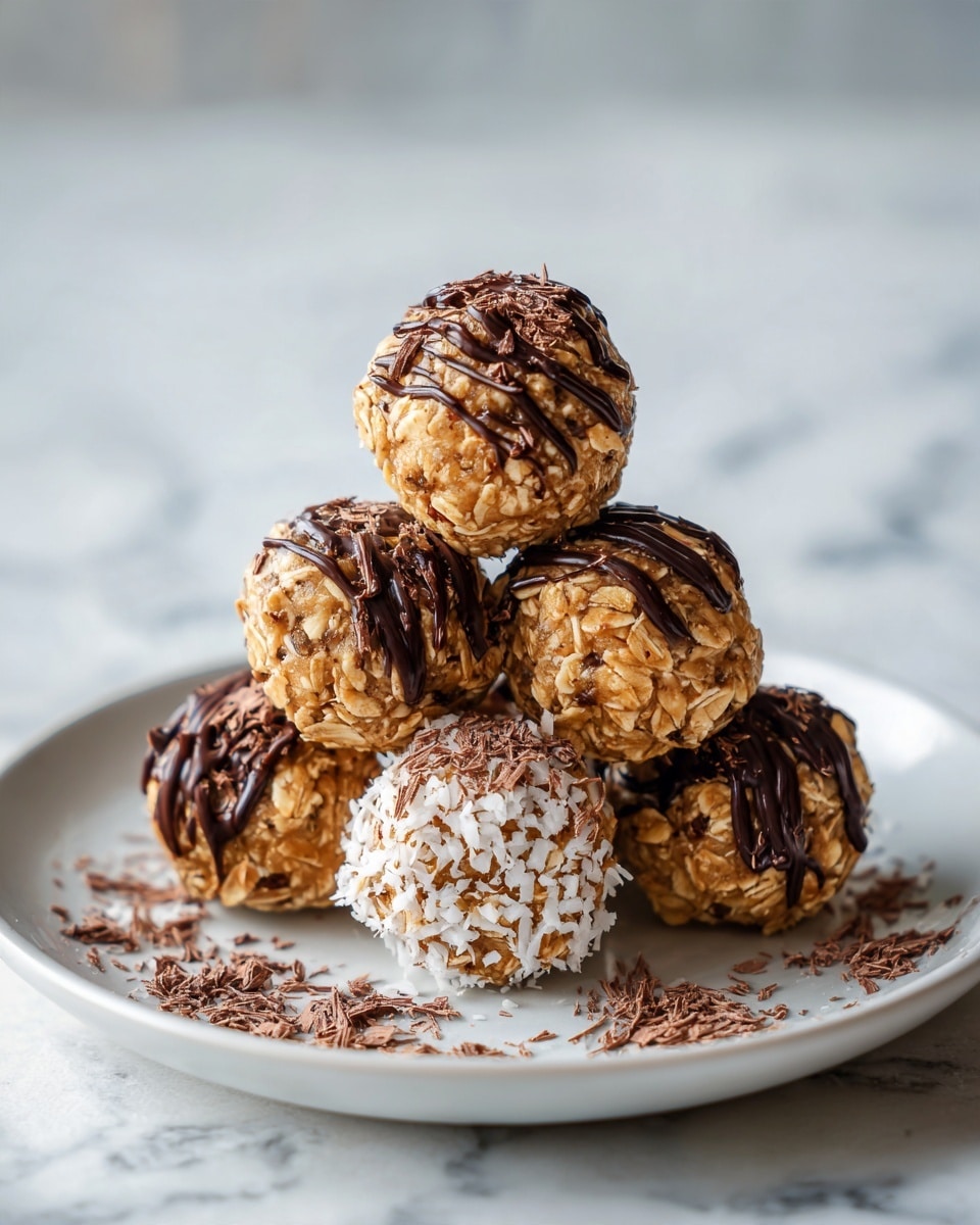 A white plate holds a small pile of five energy bites, each made of oats and peanut butter, giving them a light brown and textured look. Three bites have a smooth layer of melted chocolate on top, while the other two have no chocolate layer but are covered with white coconut flakes and small dark chocolate pieces. The chocolate pieces and coconut flakes add rough texture on top. The plate sits on a white marbled surface with warm light highlighting the natural colors of the bites. photo taken with an iphone --ar 4:5 --v 7