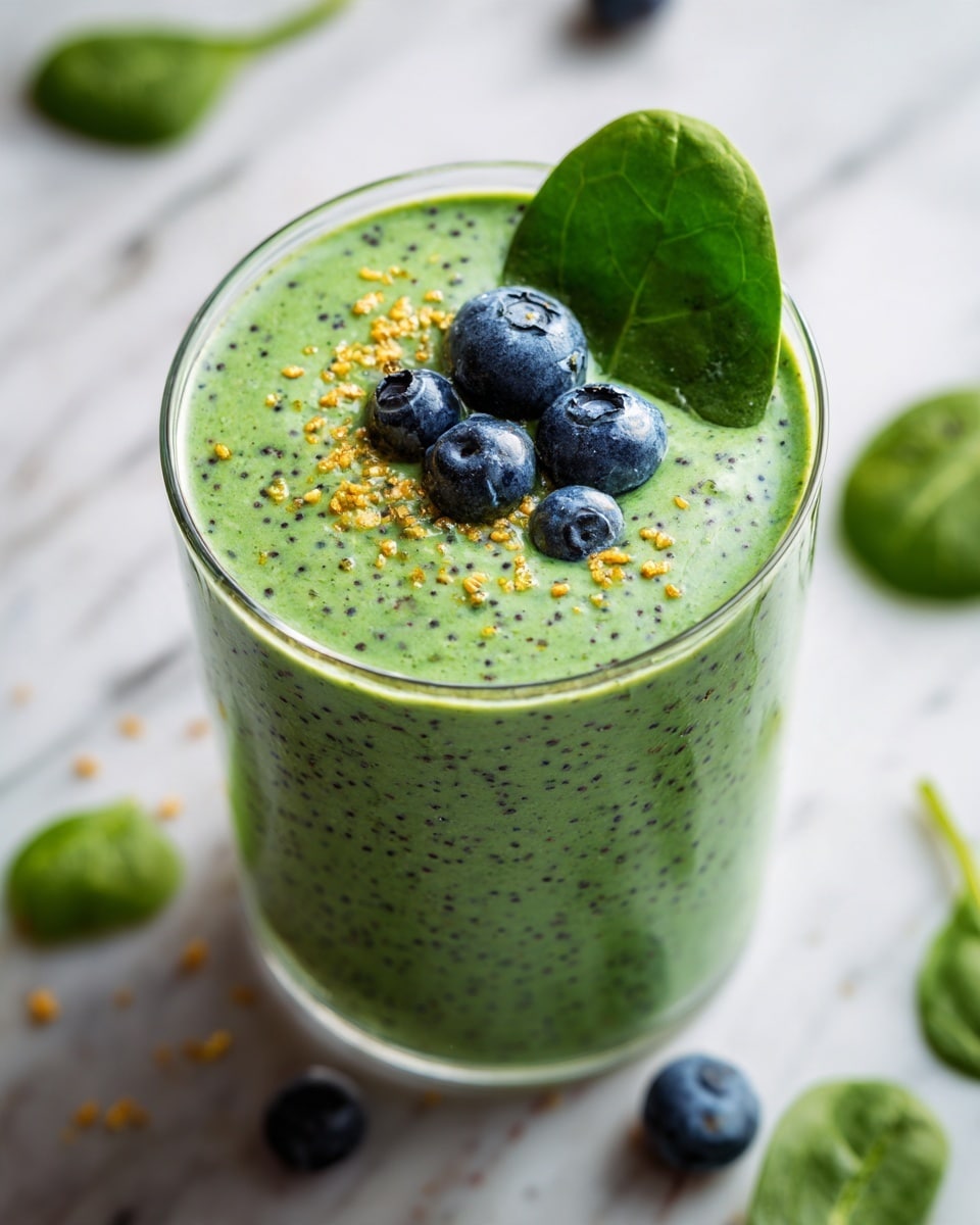 A clear glass filled with a thick green smoothie that has visible small dark green and black specks throughout. On top, there are four plump, fresh blueberries and a bright green spinach leaf, along with small brown flakes sprinkled lightly. The glass sits on a white marbled texture, with scattered fresh blueberries and spinach leaves around. photo taken with an iphone --ar 4:5 --v 7