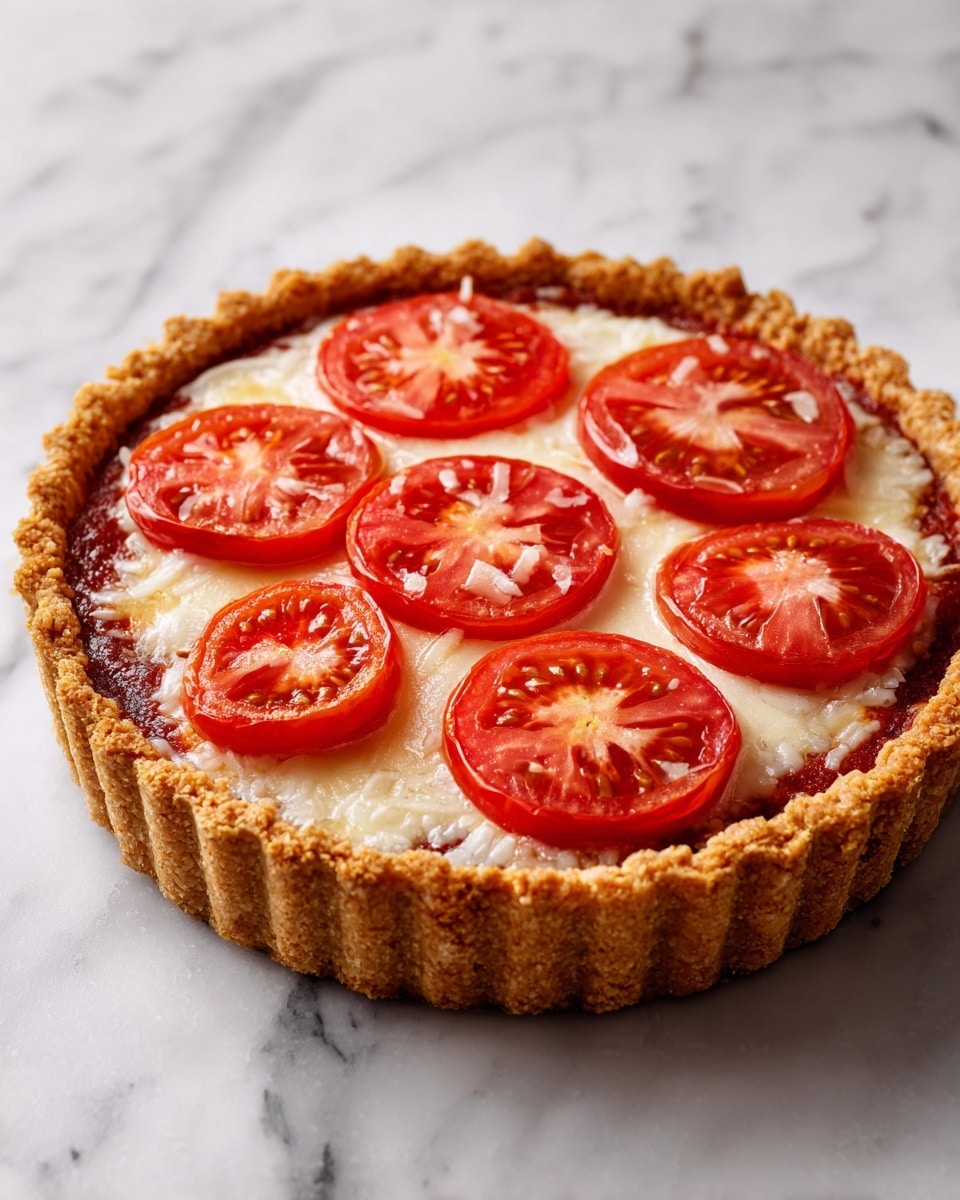 A small round tart with a thick, light golden, crimped crust forms the base, filled with a dark red, smooth tomato sauce layer. On top of the sauce, there is a thin, even layer of melted white cheese that slightly blends into the sauce. Seven bright red tomato slices are arranged on the cheese layer, each showing juicy texture with white seeds and a slight shine, evenly spaced, with one slice in the center and six around it. The tart is placed on a white marbled surface. photo taken with an iphone --ar 4:5 --v 7