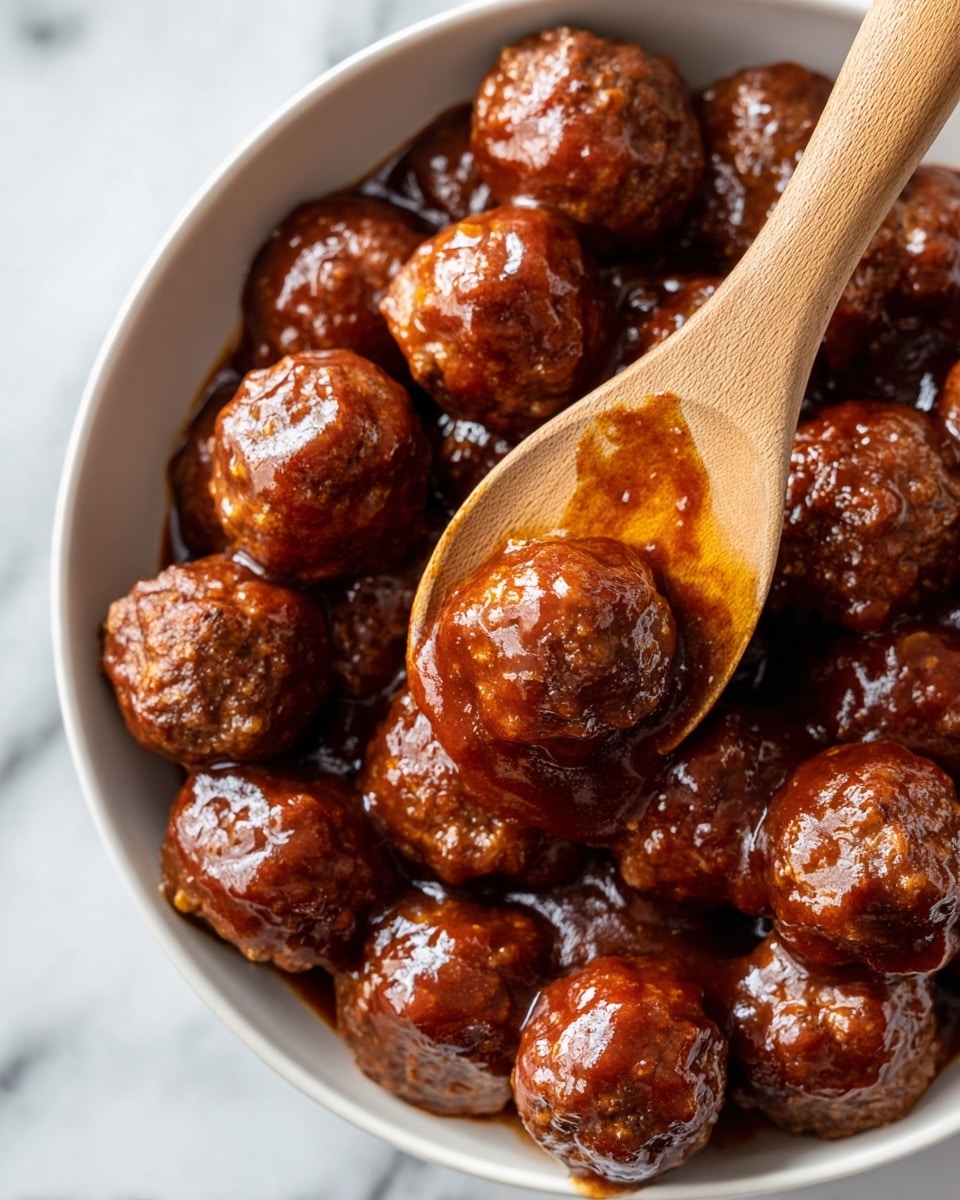 The image shows many small, round meatballs covered in a shiny brown sauce inside a white dish, with a wooden spoon lifting some meatballs on the right side. The meatballs look juicy and glazed, and the sauce is thick and smooth with a rich caramel color. The background is a white marbled surface. Photo taken with an iphone --ar 4:5 --v 7