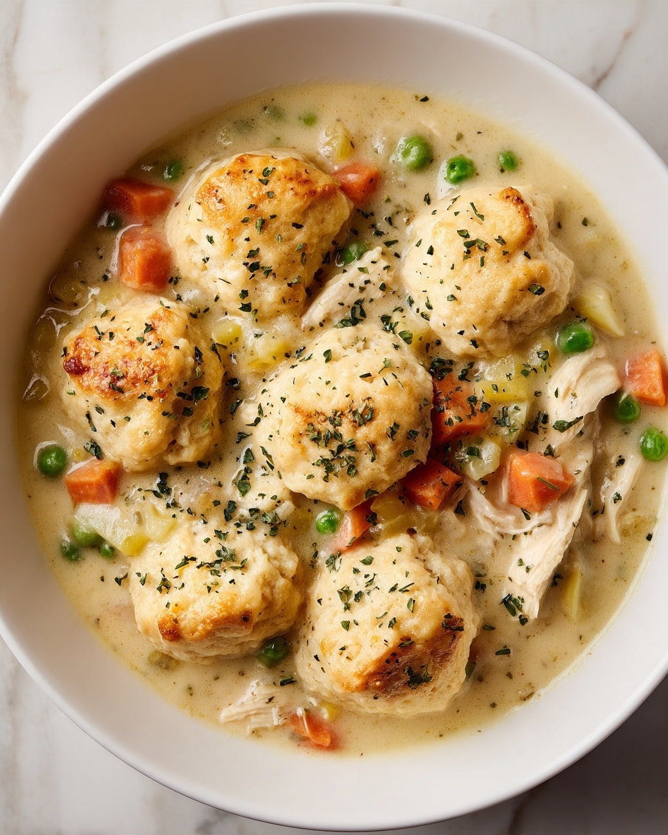 The image shows a white bowl filled with a creamy chicken stew topped with large, fluffy biscuit dumplings. The stew has a light beige color with visible chunks of tender chicken, diced orange carrots, green peas, and celery pieces mixed smoothly in the rich, thick sauce. The biscuit dumplings sit on top in a roughly circular pattern, golden brown on the edges and soft white in the middle, adding a textured, puffy layer above the stew. Small green herb sprinkles are scattered on top, giving contrast and freshness to the dish. The bowl is placed on a white marbled surface. photo taken with an iphone --ar 4:5 --v 7
