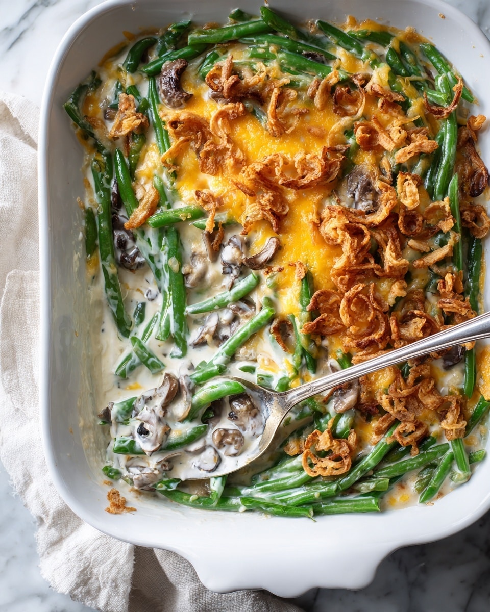 The image shows a close-up of a creamy green bean casserole in a white rectangular dish. The casserole has bright green bean pieces mixed evenly throughout, with small chunks of dark brown mushrooms scattered in. A melted layer of golden yellow cheese covers parts of the casserole, blending with the creamy white sauce that coats the ingredients. Crispy light brown fried onions are sprinkled on top, adding a crunchy texture. A silver spoon is spooning out a portion from the dish, revealing the layers and creamy texture inside. The dish is placed on a slightly visible white marbled surface. photo taken with an iphone --ar 4:5 --v 7