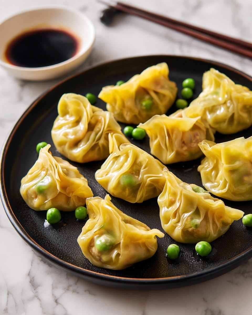 A black round plate holds eleven yellow-colored steamed dumplings arranged in a random pattern. Each dumpling has a wrinkled, translucent wrapper revealing some light brown filling inside, topped with a single bright green pea at the center. The dumplings have a glossy, slightly wet texture that makes them look freshly cooked. The plate is placed on a white marbled surface, with part of a white bowl filled with dark sauce and a pair of wooden chopsticks resting nearby. photo taken with an iphone --ar 4:5 --v 7