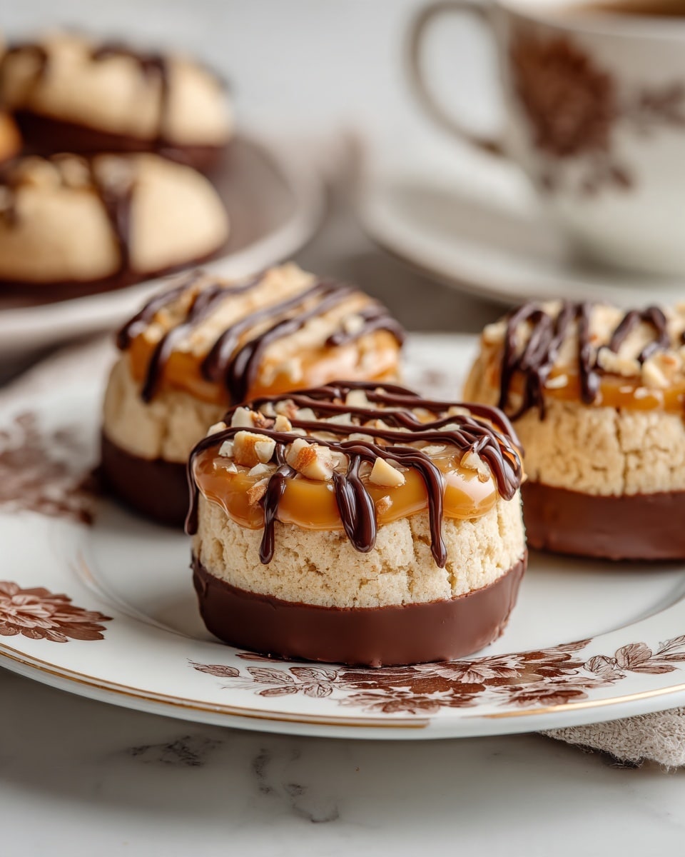 The image shows three round cookies on a white plate with brown floral patterns, placed on a white marbled surface. Each cookie has three layers: the bottom layer is a dark chocolate coating that covers the base, the middle layer is a light beige dough with a soft texture, and the top layer is a mix of caramel and chopped nuts with a glossy look. Dark chocolate sauce is drizzled over the top and sides of each cookie in thin vertical lines. A second plate with similar cookies is blurred in the background. Photo taken with an iphone --ar 4:5 --v 7