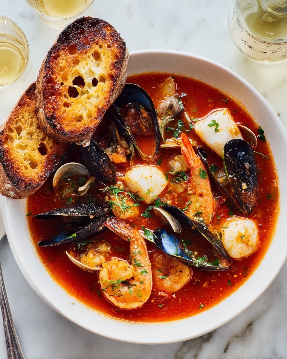 Two white bowls filled with a rich, red tomato-based seafood stew sit on a white marbled surface. The stew has multiple layers: a glossy red broth with scattered chopped herbs on top, plump shrimp with pink and orange shells, tender scallops in a light cream color, and open mussel and clam shells showing the beige and orange seafood inside with dark, shiny shells. The bowls are paired with toasted golden-brown slices of crispy bread resting on the side. Around the bowls, there are glasses and a bottle of light golden drink reflecting light softly. The overall look is fresh, warm, and inviting. Photo taken with an iphone --ar 4:5 --v 7