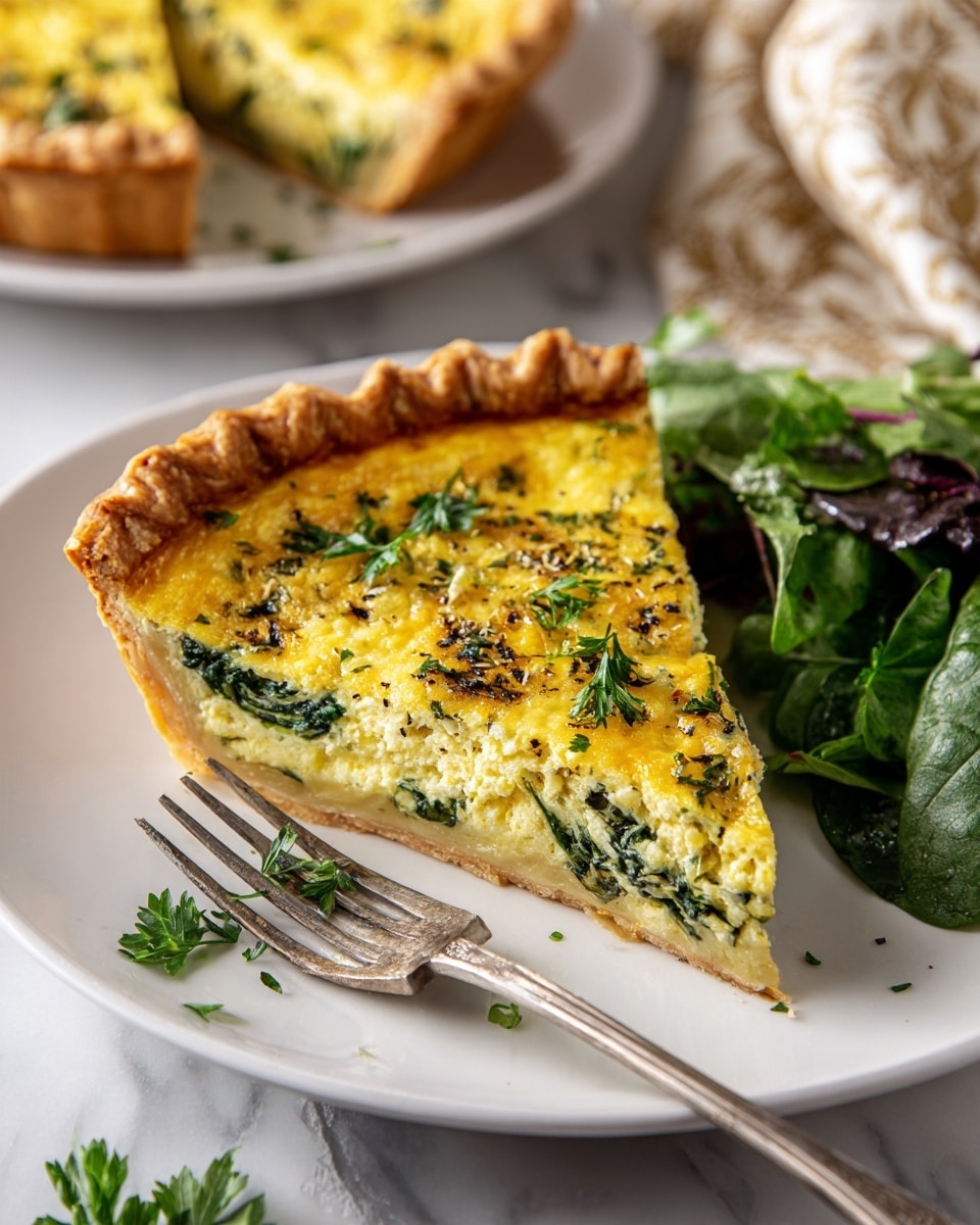 The image shows a single slice of quiche on a white plate with a silver fork resting beside it. The quiche has a golden-brown, flaky crust on the outer edge, a yellow egg layer with visible bits of green spinach or herbs throughout, and small brown spots of cooked cheese or seasoning on the surface. On top of the quiche slice, there are fresh green parsley leaves adding a touch of color. To the left side of the plate, there is a small pile of fresh dark green leafy arugula. The plate is placed on a white marbled surface, with a checked cloth and a partial view of another plate with a quiche slice in the background. photo taken with an iphone --ar 4:5 --v 7