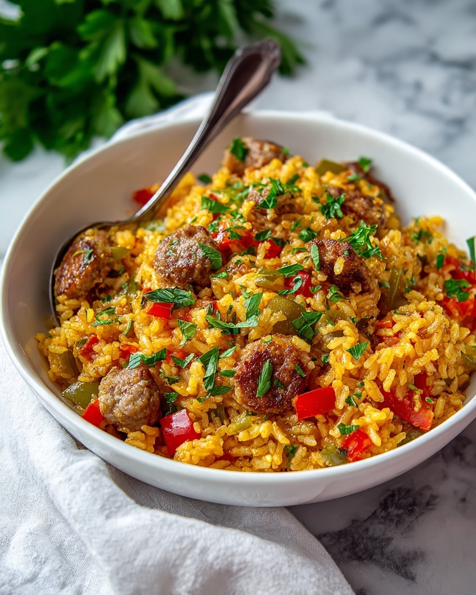 A white bowl filled with orange-colored cooked rice mixed with small chunks of browned sausage, red bell peppers, green celery, and bits of green herbs scattered on top, giving a fresh look. The rice appears fluffy and evenly coated with a slight shine, while the vegetables add bright red and green color spots all over the dish. A large silver spoon is placed inside the bowl on the left side, resting partly on a white cloth. The background is a white marbled texture with a soft, blurred effect that keeps the focus on the colorful rice dish. photo taken with an iphone --ar 4:5 --v 7