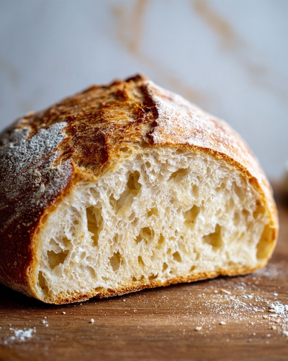 A close-up view of a freshly baked bread loaf shows one large piece broken open, revealing a light, airy inside with many holes of different sizes and a soft texture. The crust is golden brown with rough, crunchy edges and a sprinkling of white flour dusted on top. The loaf rests on a wooden surface with small crumbs scattered nearby, and the background is softly blurred, suggesting a bright window light. photo taken with an iphone --ar 4:5 --v 7