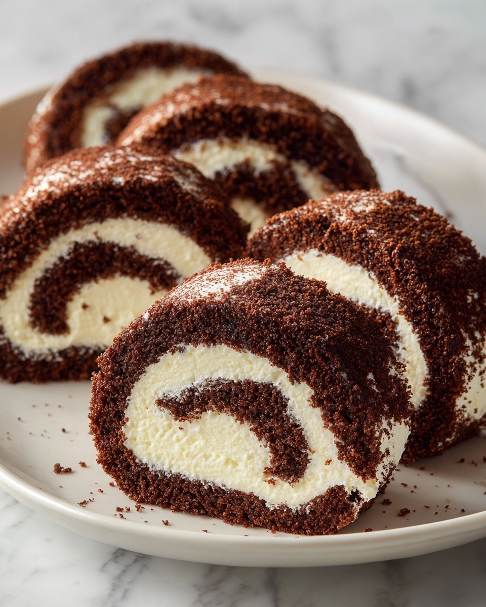 The image shows several slices of a chocolate roll cake on a white plate, resting on a white marbled surface. Each slice has three visible layers: a dark brown, almost black outer cake layer with a soft, crumbly texture; a middle layer of bright white creamy filling that is smooth and thick; and a thin inner swirl of dark chocolate cake that contrasts sharply against the creamy white layer. The slices are arranged in a slightly curved line, with the closest slice in clear focus showing the even, round spiral pattern. Photo taken with an iphone --ar 4:5 --v 7