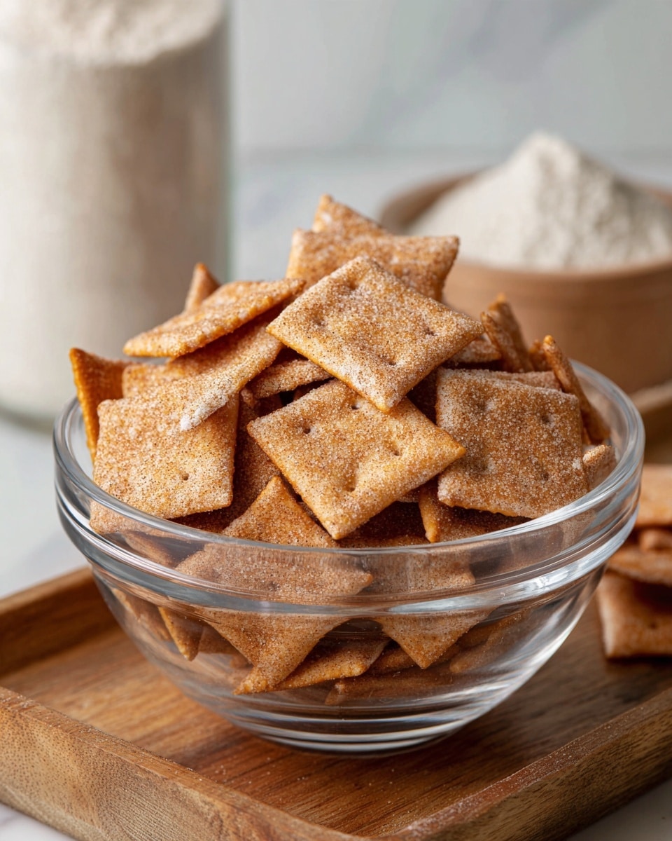 A clear glass bowl filled with many small square crackers covered with a light dusting of sugar and cinnamon. The crackers are golden brown and stacked loosely, creating a textured and uneven top layer. Behind the bowl, slightly out of focus, is a smaller glass bowl filled with white powder, placed on a white marbled surface. The scene captures the warm, cozy feel of the snack arrangement. photo taken with an iphone --ar 4:5 --v 7