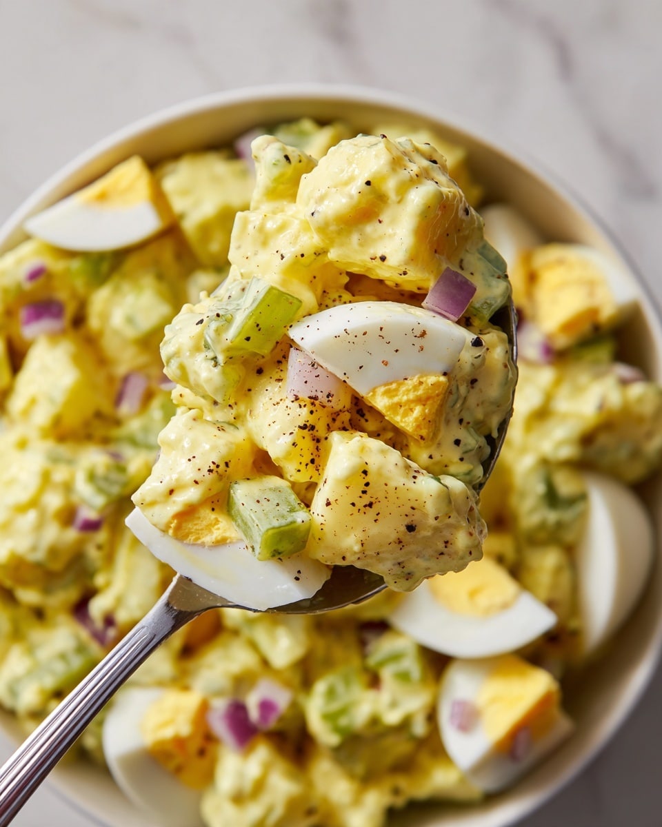 The image shows a close-up of a creamy egg salad with visible chunks of yellow egg yolks and white egg whites, mixed with light green celery pieces and small bits of purple onion. The salad is coated with a smooth, pale yellow dressing with black pepper dots. A silver spoon holds a mixture of the salad, focusing on a piece of egg yolk, onion, and celery. The background features more of the egg salad inside a white bowl on a white marbled surface. photo taken with an iphone --ar 4:5 --v 7