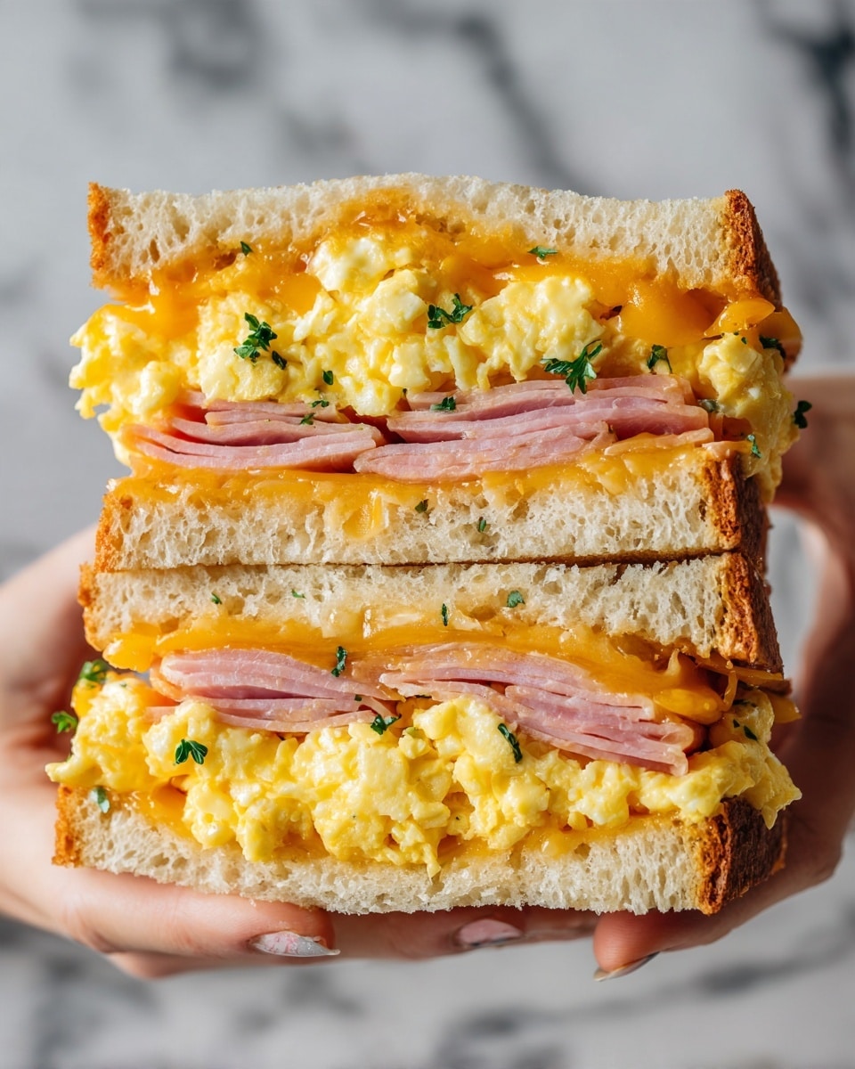 A close-up image of a sandwich with three thick layers of soft bread toasted to a light golden brown. The bottom layer holds fluffy scrambled eggs that are yellow with a soft texture, topped with a slice of melted yellow cheese. Above that is a folded layer of light pink ham, and another slice of melted yellow cheese sits on top of the ham. The final layer is more fluffy scrambled eggs, filling the sandwich fully. The sandwich is placed on a plain white plate against a white marbled background, with a woman’s hand holding the sandwich from the bottom side, showing the layers clearly. Photo taken with an iphone --ar 4:5 --v 7