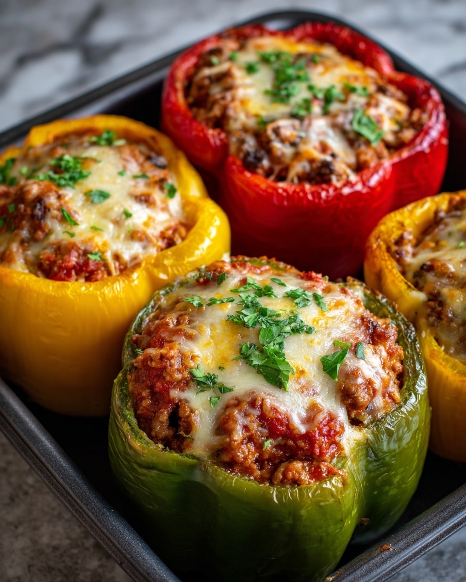 The image shows a baking tray holding four stuffed bell peppers, two green, one yellow, and one red, each cut in half lengthwise and filled with a mixture of ground meat and tomato sauce. On top of the filling is a layer of melted golden and white cheese, slightly browned, with chopped fresh green herbs sprinkled over it. The peppers have a shiny, roasted skin and the filling looks rich and moist, slightly bubbling at the edges. The tray is placed on a white marbled surface. photo taken with an iphone --ar 4:5 --v 7