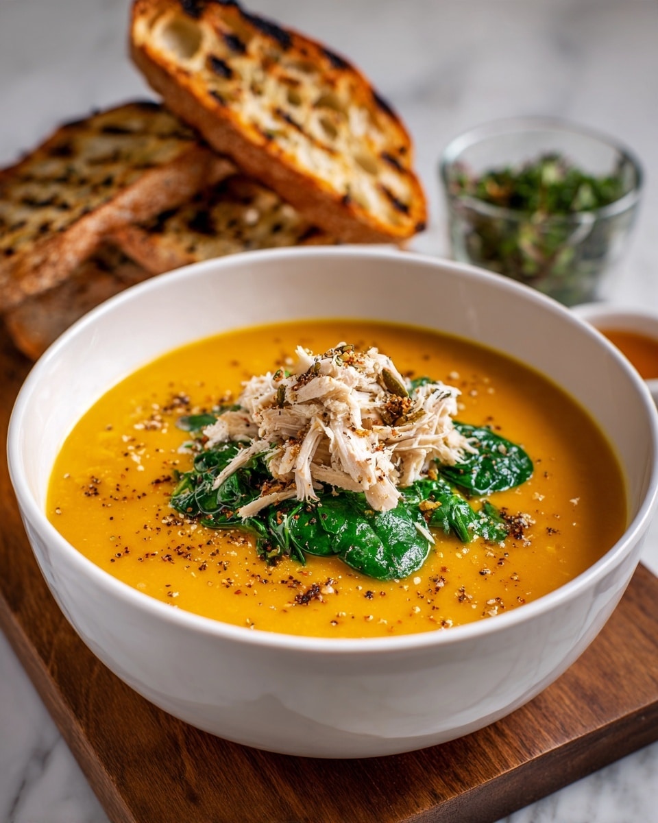 A white bowl filled with smooth orange soup sits in the center, topped with shredded pale chicken pieces, bright green spinach leaves, and a sprinkle of coarsely ground black pepper. In the background, toasted slices of bread with dark grill marks lean against a wooden board, and a small glass bowl with green herbs is partially visible on the right side. The scene is set on a white marbled surface. photo taken with an iphone --ar 4:5 --v 7