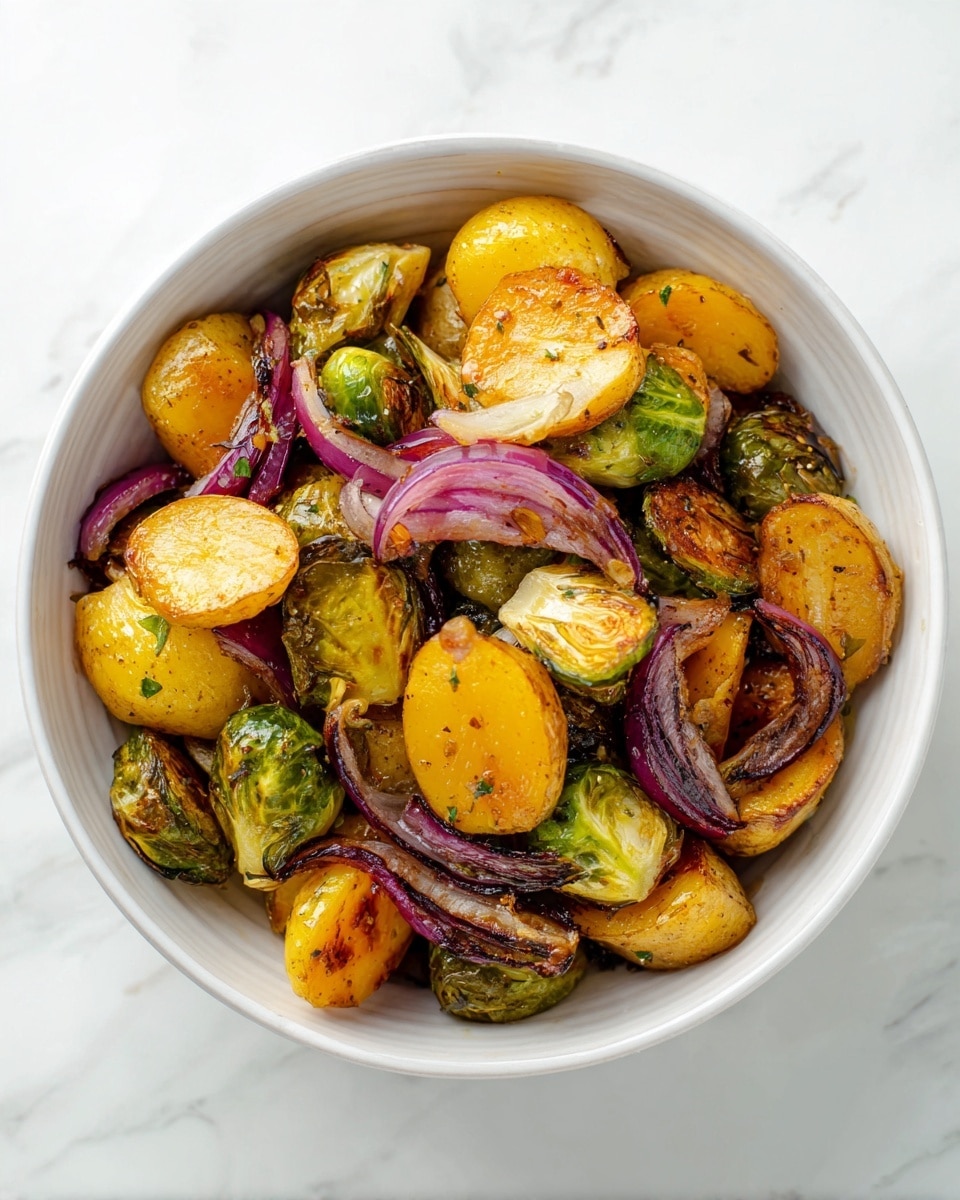 The image shows a white bowl filled with roasted vegetables. The top layer consists of golden-brown halved baby potatoes with crispy edges, mixed with small whole Brussels sprouts that have a slightly charred look. Interspersed are thin slices of red onion, which add a purple hue. The vegetables look glossy, coated with a light maple Dijon glaze. The bowl sits on a white marbled surface, and a woman's hand is partially visible holding the bowl from the side. Photo taken with an iphone --ar 4:5 --v 7