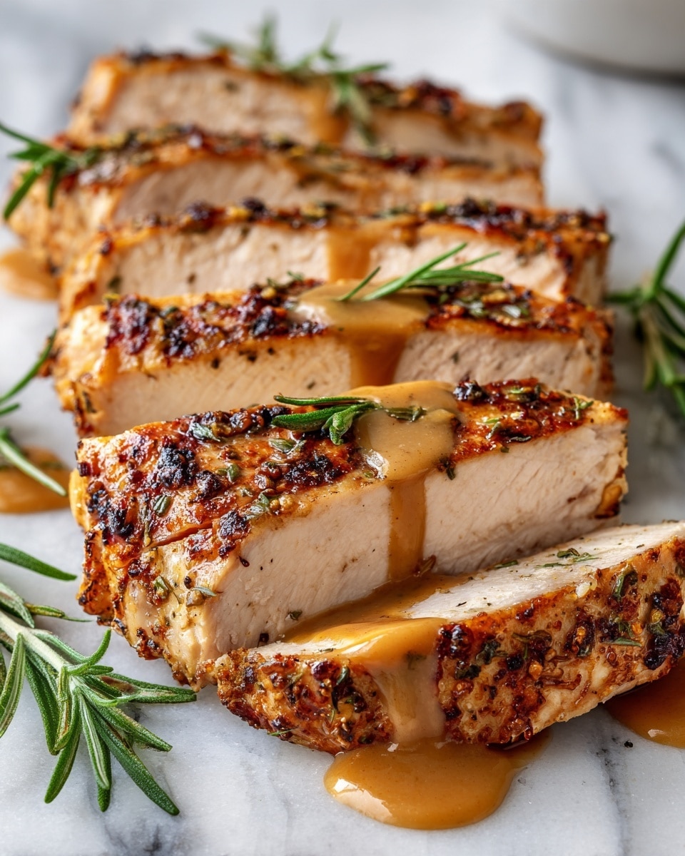 A close-up shot of four thick slices of cooked chicken breast layered closely together, each slice showing a golden-brown, slightly charred outer crust with visible black pepper and herbs like rosemary scattered on top. A light brown, smooth sauce is generously drizzled over the chicken, pooling around the pieces. The chicken's texture looks tender and juicy. Small green rosemary sprigs add a fresh touch throughout the dish. The dish is placed on a white marbled surface. photo taken with an iphone --ar 4:5 --v 7