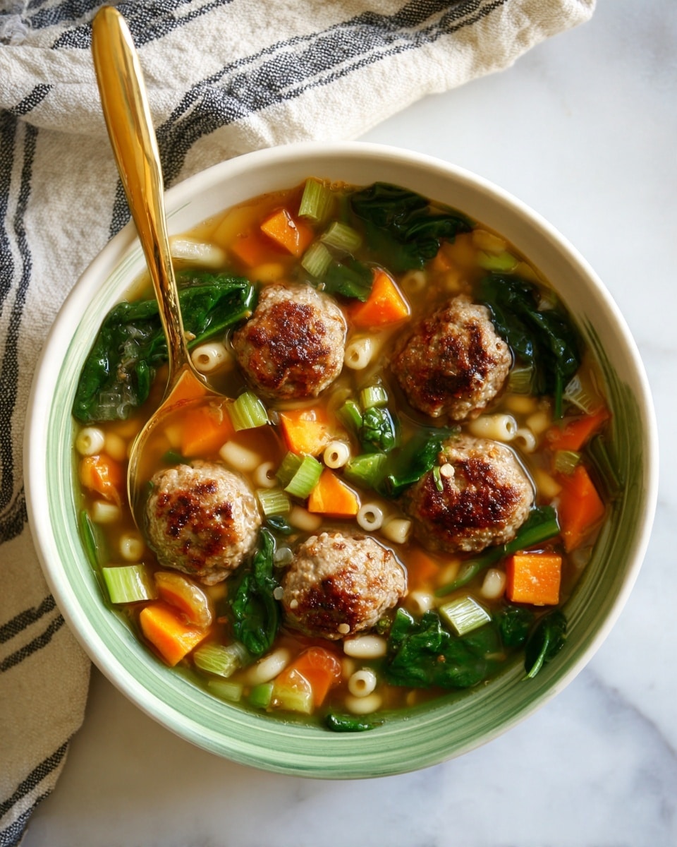A bowl of soup filled with four browned meatballs floating among bright orange carrot cubes, pale green celery pieces, chopped dark green spinach leaves, and small round white pearl couscous in a clear broth. A gold spoon with a shiny handle rests inside the bowl, scooping a mix of couscous, carrots, celery, and spinach, showing the textures clearly. The bowl itself is white with a soft green inner rim, placed on a white marbled surface. Around the bowl, there are wooden pepper mills, gold spoons, and a small white bowl with chopped parsley and grated cheese. A gray striped cloth is partially visible at the top right corner. Photo taken with an iphone --ar 4:5 --v 7