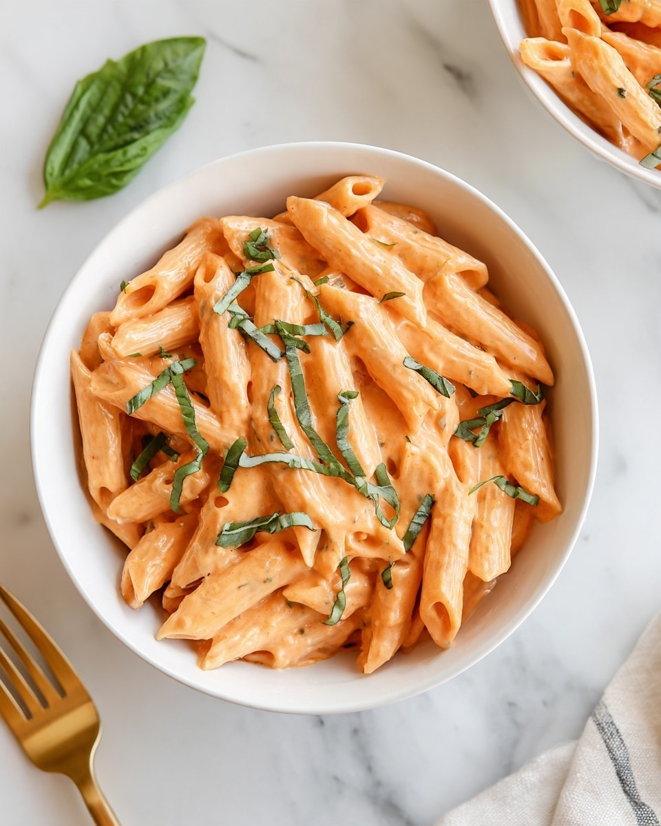 A white bowl filled with creamy pinkish-orange penne pasta, coated in a smooth sauce that covers each piece evenly. On top, thin strips of fresh dark green basil leaves are scattered, adding a fresh contrast to the dish. The bowl sits on a white marbled surface, with a single basil leaf nearby and the edge of a white bowl with more pasta visible in the upper right corner. A gold-colored fork with a white handle lies to the side. The lighting is soft, highlighting the creamy texture and bright colors of the pasta and basil photo taken with an iphone --ar 4:5 --v 7